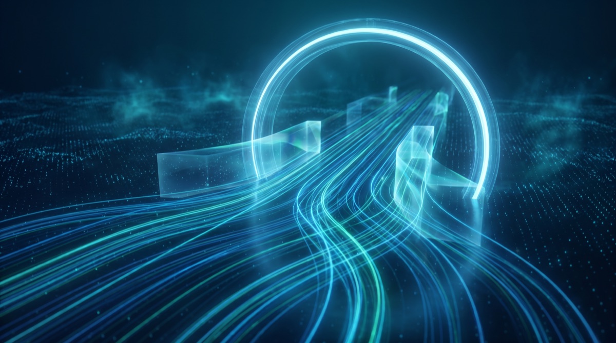 Parallel lanes of light flowing through a glowing event loop ring