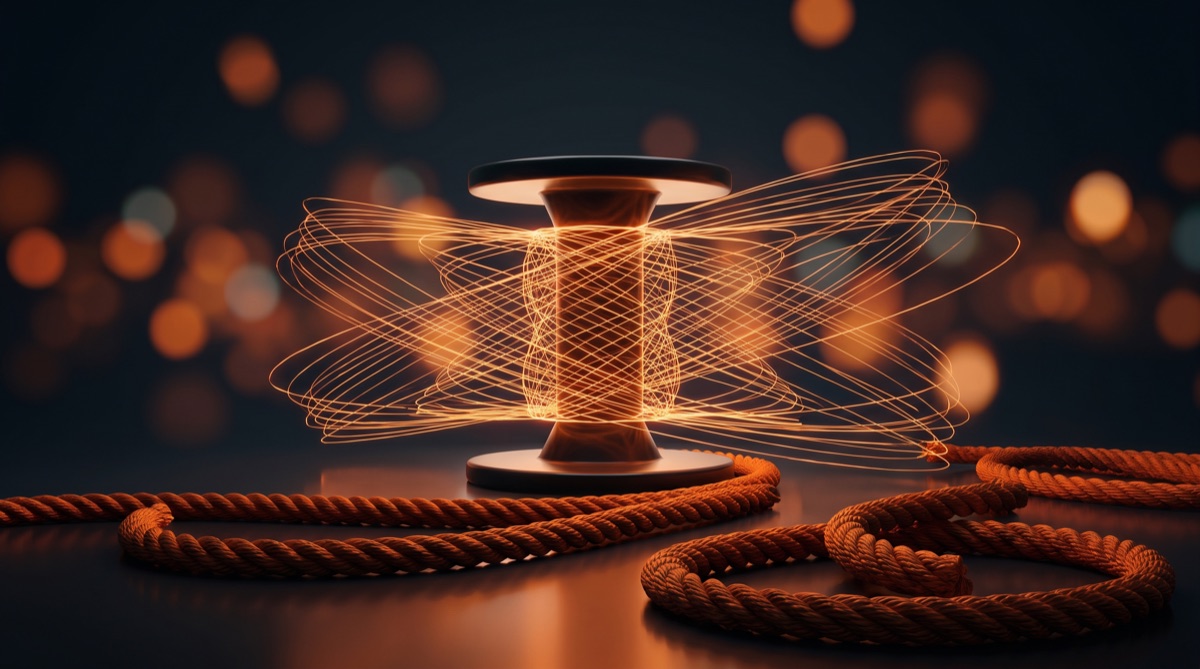 Thousands of thin light threads spun from a spool beside a few heavy ropes