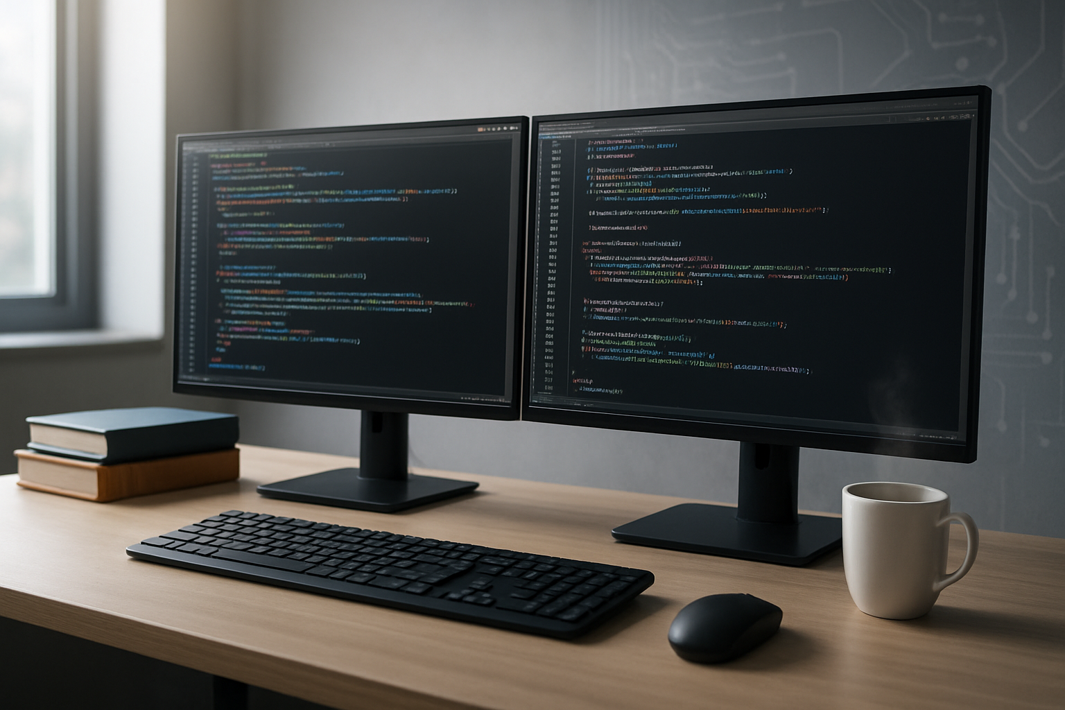 Create a realistic image of a modern computer workstation with dual monitors displaying colorful Java code syntax highlighting, a sleek keyboard and mouse on a clean desk, Java programming books stacked nearby, a steaming coffee cup, and subtle tech elements like circuit board patterns in the background, all set in a professional developer's workspace with soft natural lighting from a window, conveying innovation and technical advancement, absolutely NO text should be in the scene.