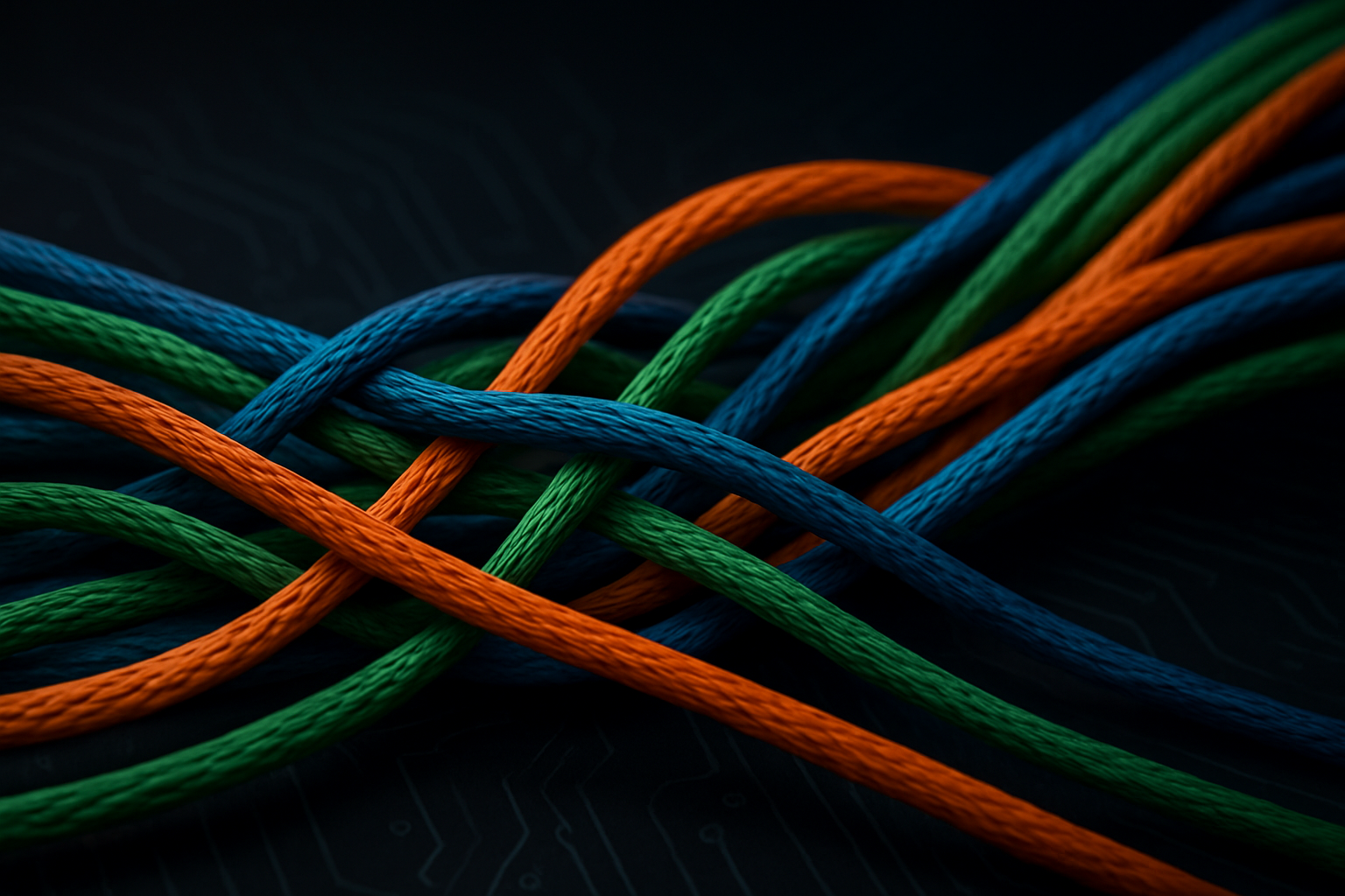 Create a realistic image of multiple interwoven threads or cables in vibrant colors like blue, green, and orange flowing in parallel and intersecting patterns, representing concurrent processes, with a modern dark background featuring subtle circuit board patterns, soft ambient lighting highlighting the thread textures, and a professional tech-focused atmosphere that conveys the concept of parallel processing and multithreading in programming, absolutely NO text should be in the scene.