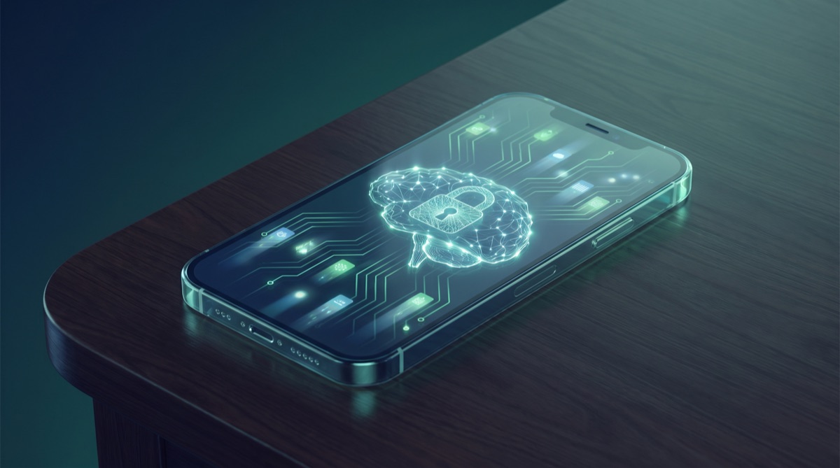 A smartphone with a glowing AI brain inside it, processing locally and privately
