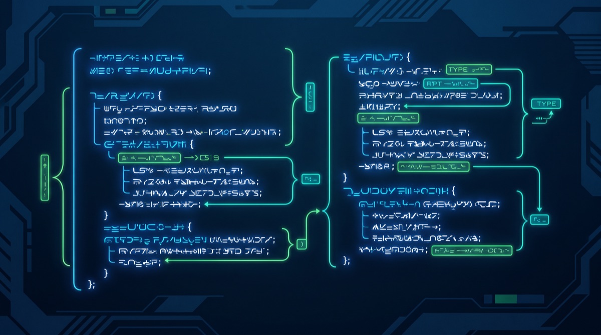 Neatly structured glowing code with highlighted type annotations
